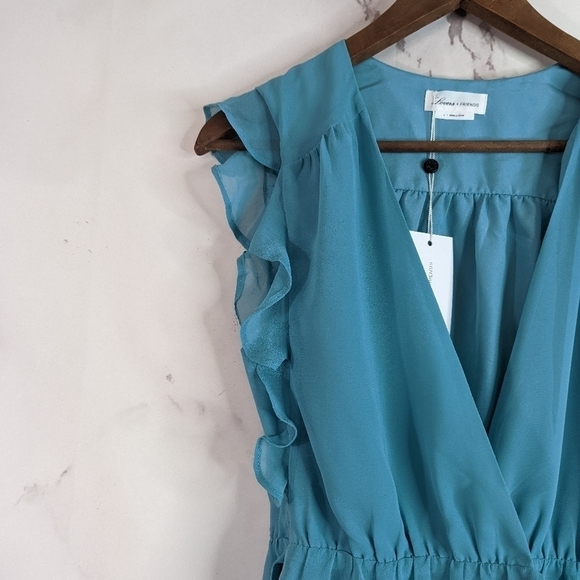 Lovers + Friends Mini Wrap Dress Blue Embroidered V-Neck Flutter Small - Picture 5 of 12